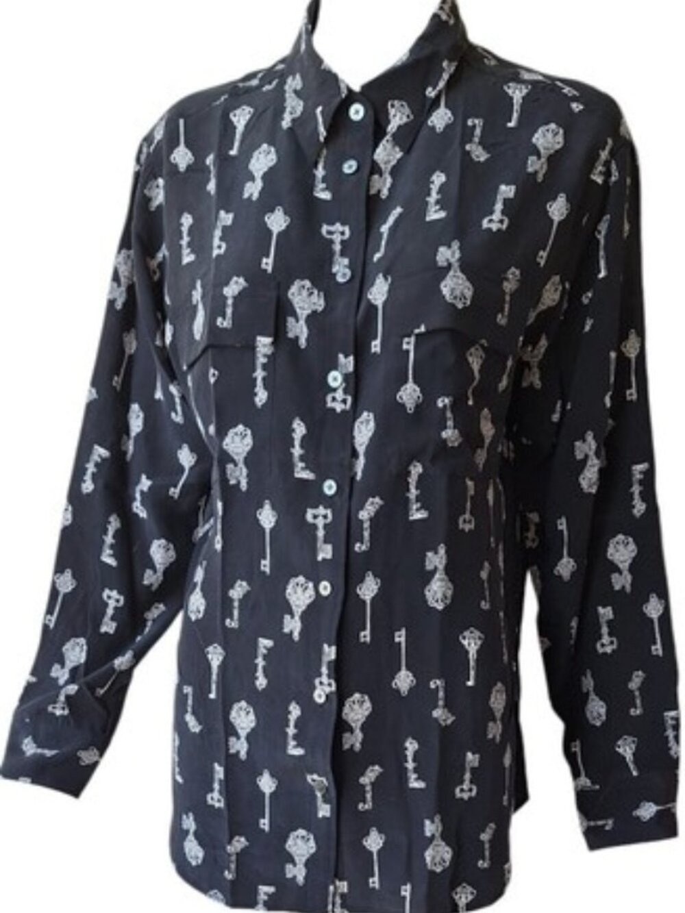 EQUIPMENT Femme 100% Silk Black with White Key Print - Parks & Rec Leslie Knope